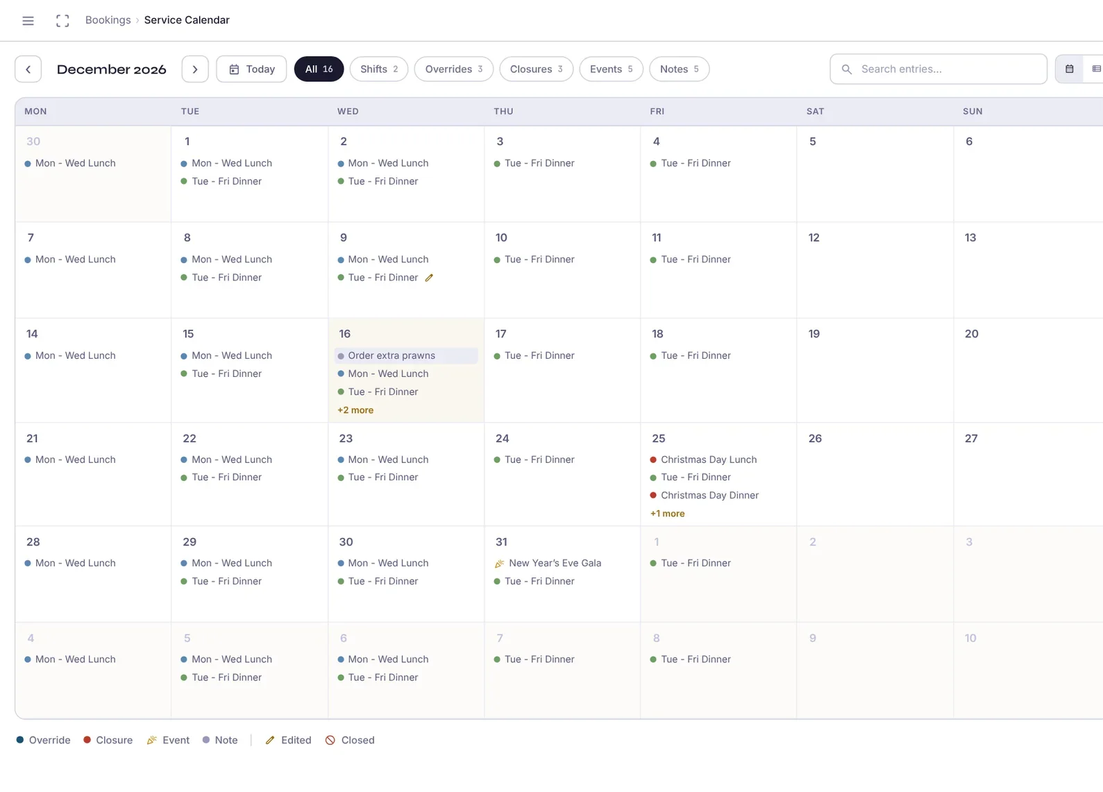 Service calendar month view with shifts, events and closures