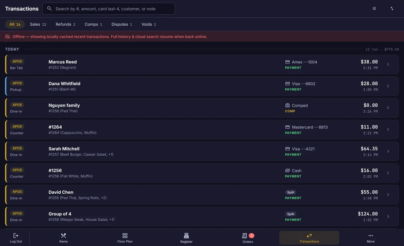 Transactions list with a bar tab, pickup and dine-in payments